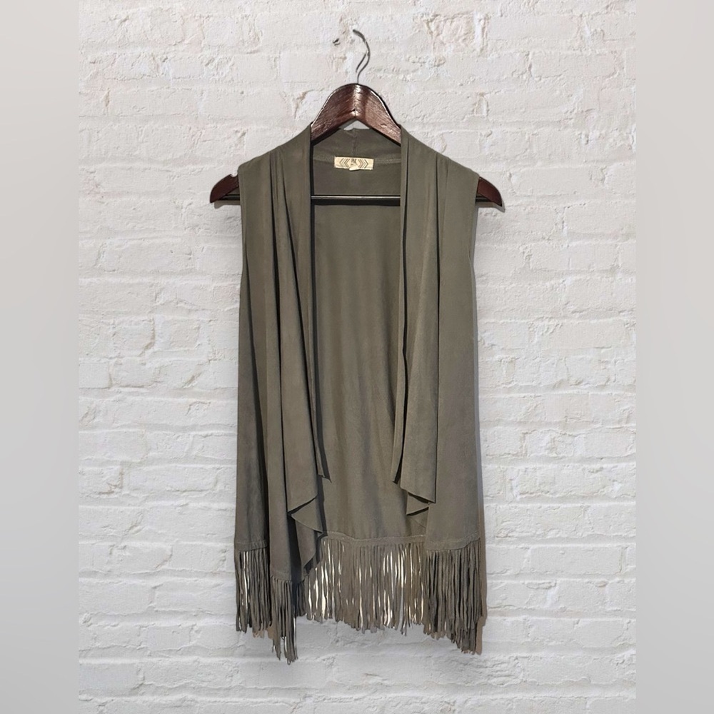 Sleeveless Fringed Duster / Shawl | Army Green / Olive Green | Size Small NWOT